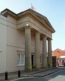 Beverley Guildhall a building in a classical style with four classical columns and a portico.